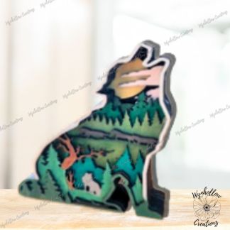 Wolf Outline with Wildlife Mountain Scene Wood Layer