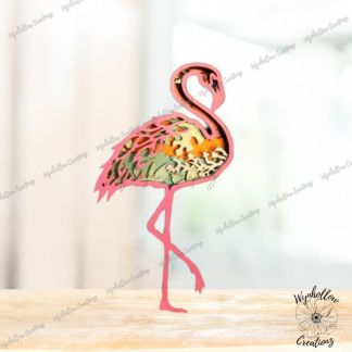 Flamingo outline with tropical floral scene wood layer