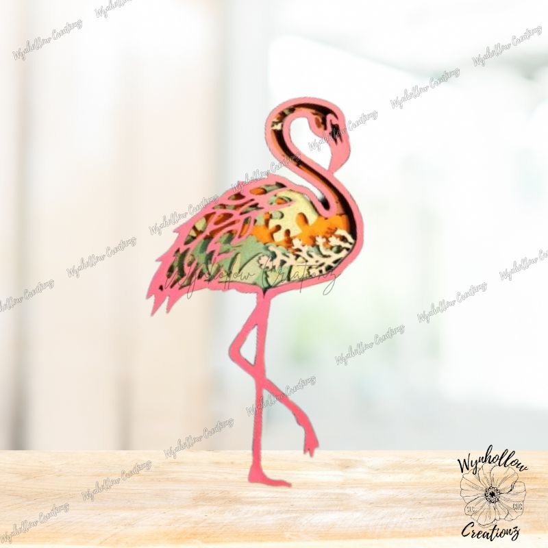Flamingo outline with tropical floral scene wood layer