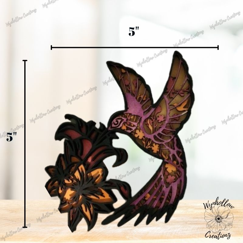 Hummingbird outline with floral scene wood layer 5" x 5"