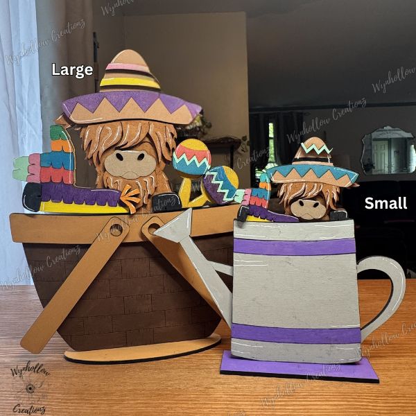 Highland Cow celebrating Cinco De Mayo with maracas, pinatas, sombreros, and bright colors